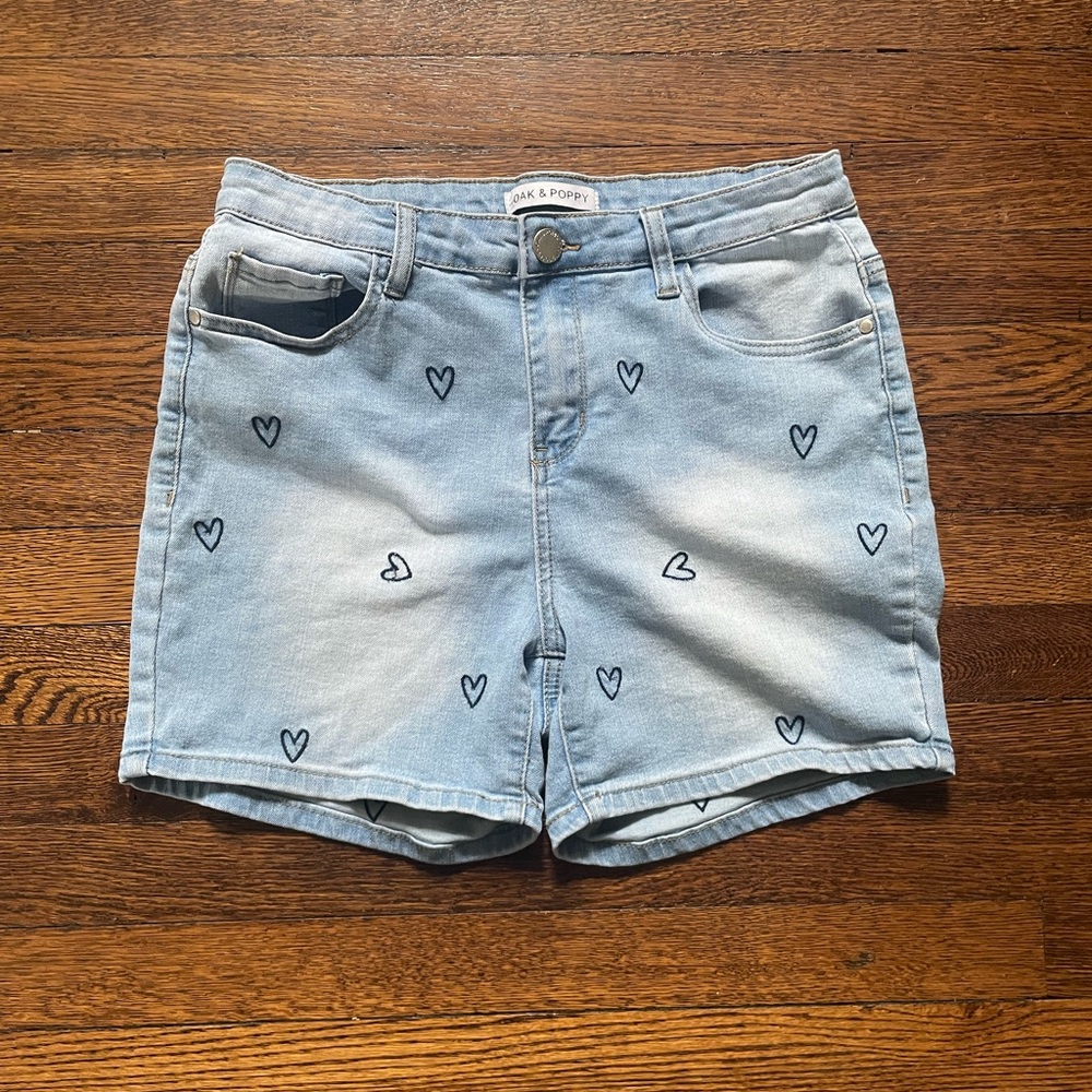 Oak and Poppy Blue Heart-Patterned Embroidered Light Wash Jean Shorts